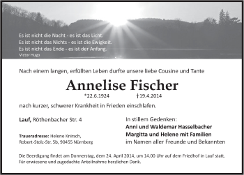 Traueranzeige von Annelise Fischer von Pegnitz-Zeitung